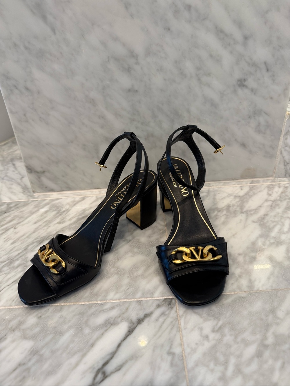 Valentino Garavani Black Logo Chain Block Heel Size 37.5